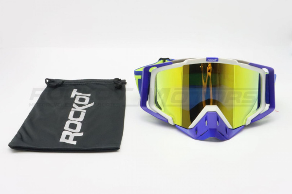 Мотоочки кроссовые ROCKOT (Рокот) RM - 323 (белый - синий/золотистая, REVO Light, Anti - Scratch/Anti - Fog) | Мототека